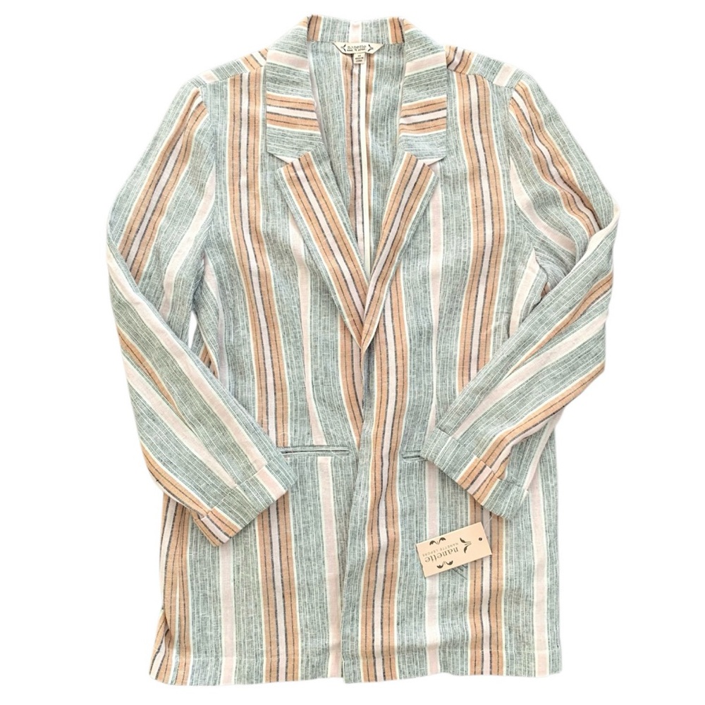 Nanette Lepore Linen Blend Long Sleeve Striped Open Front Blazer Sz Medium NWT